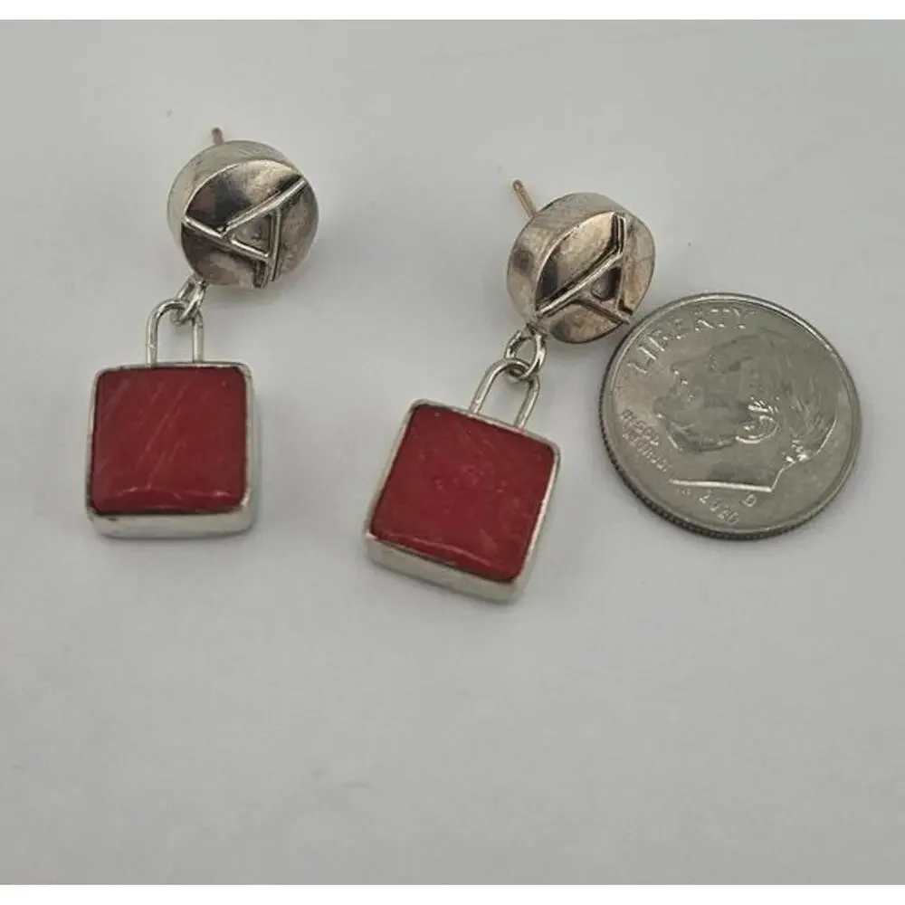 Sterling Silver and red coral or agate stone dangle earrings - Picture 4 of 9